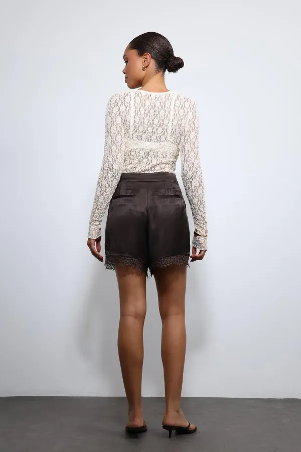 Antioch Ekru Dantel Detaylı Transparan Bluz