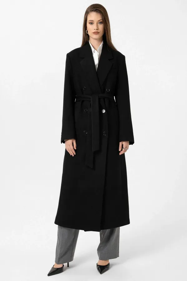 Antioch Siyah Kadın Kuşaklı Kruvaze Kaban