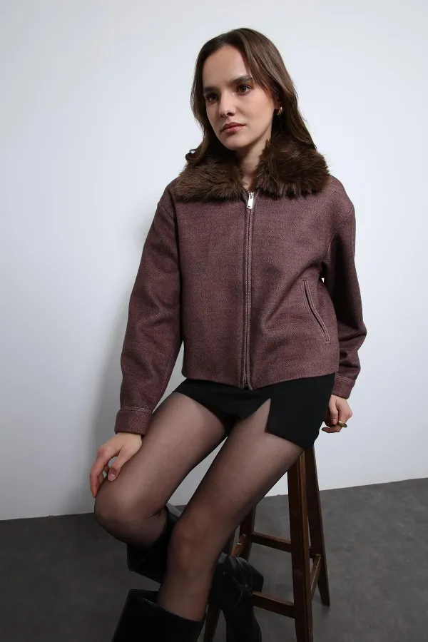 Veste Antioch bordeaux en laine mélangée à col en fausse fourrure