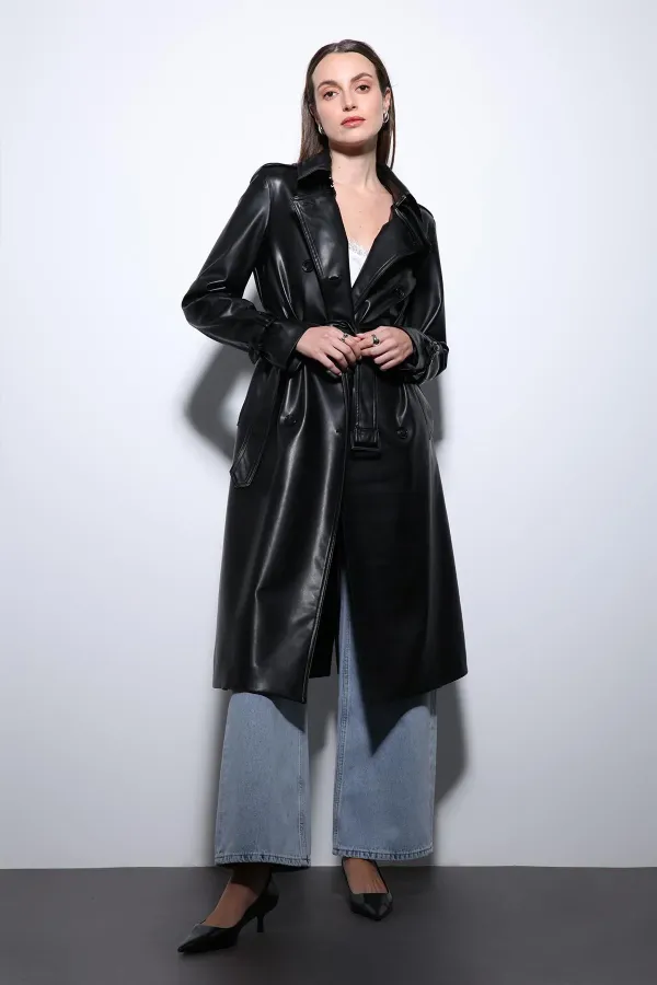 Antioch Siyah Kadın Suni Deri Kemerli Trençkot