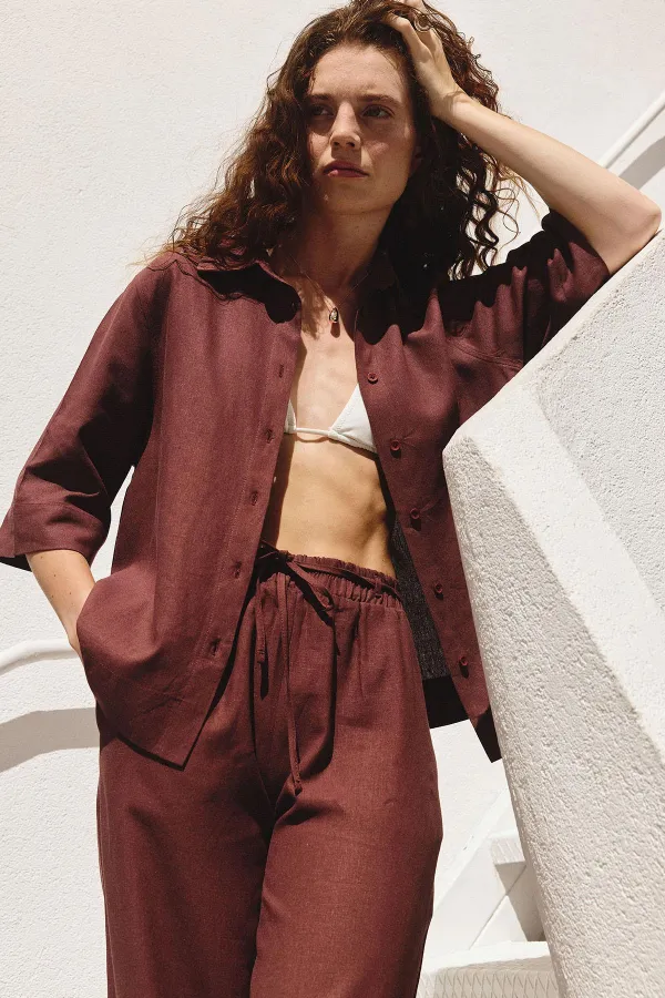 Chemise femme Antioch bordeaux en lin mélangé