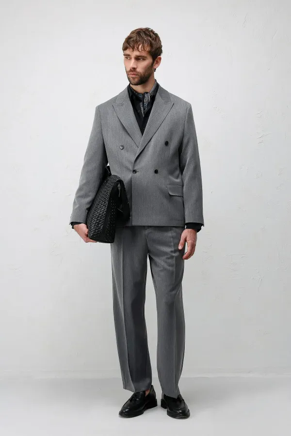 Antioch Gri Relax Fit Kruvaze Erkek Blazer Ceket