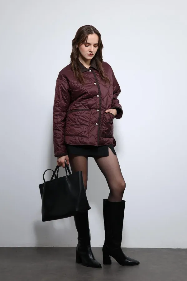 Antioch Bordo Kontrast Yaka Desenli Mont