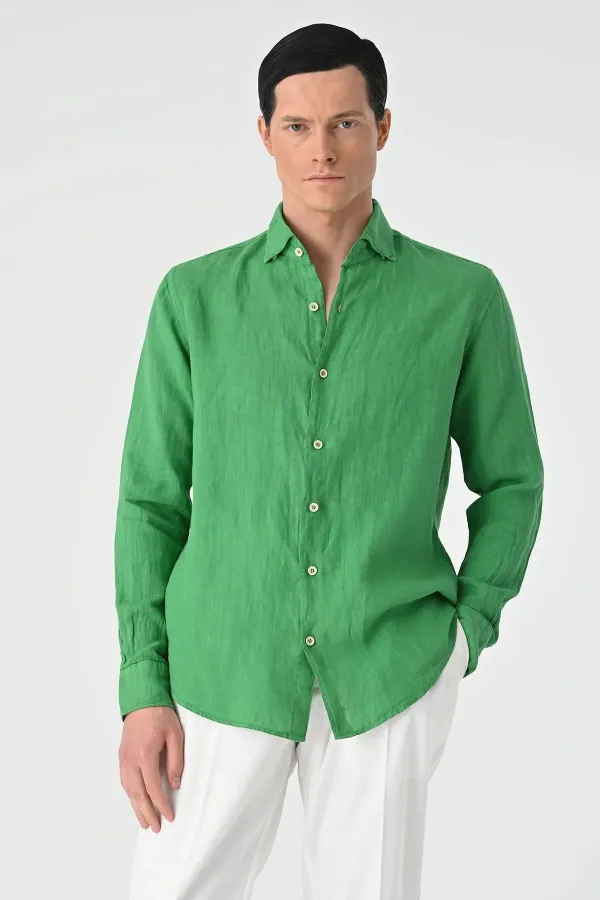 Chemise homme Antioch vert pistache avec bouton au col, 100 % lin