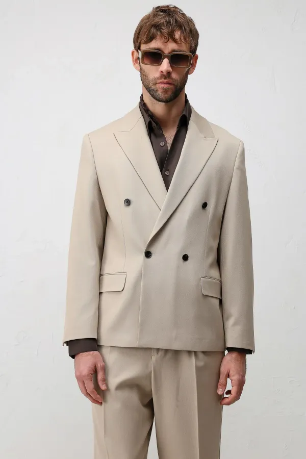 Antioch Bej Relax Fit Kruvaze Erkek Blazer Ceket