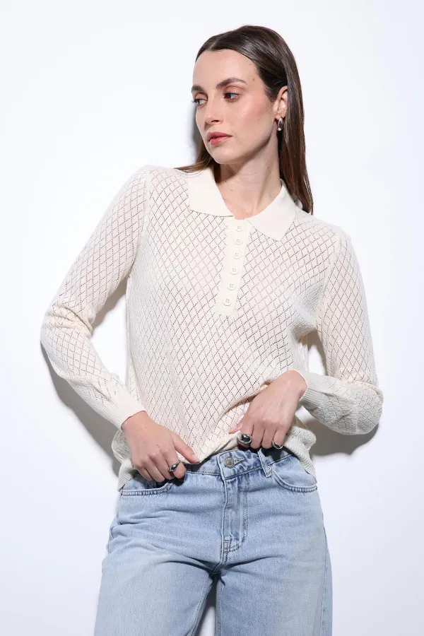 Antioch Ecru Polo Collar Patterned Knit Women's Sweater