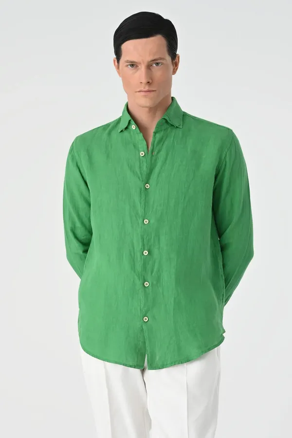 Chemise homme Antioch vert pistache avec bouton au col, 100 % lin