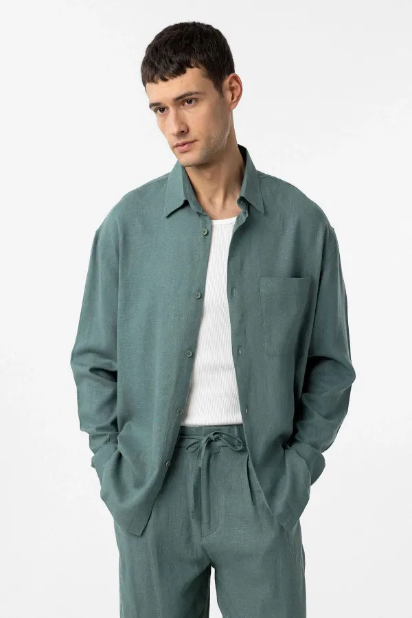 Chemise homme Antioch Green en lin mélangé coupe décontractée