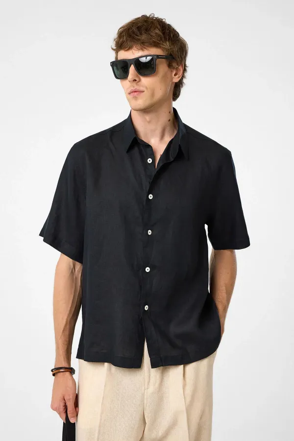 Antioch Siyah 100% Keten Relaxed Erkek Gömlek