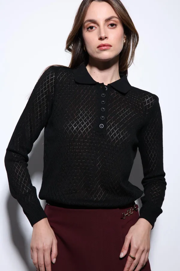 Antioch Siyah Polo Yaka Desenli Triko Kadın Kazak