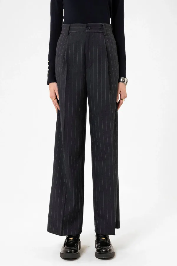 Antioch Lacivert Kadın Yüksek Bel Pileli Çizgili Pantolon