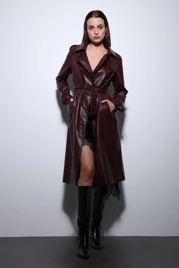 Trench-coat ceinturé en similicuir bordeaux pour femme, style Antioch