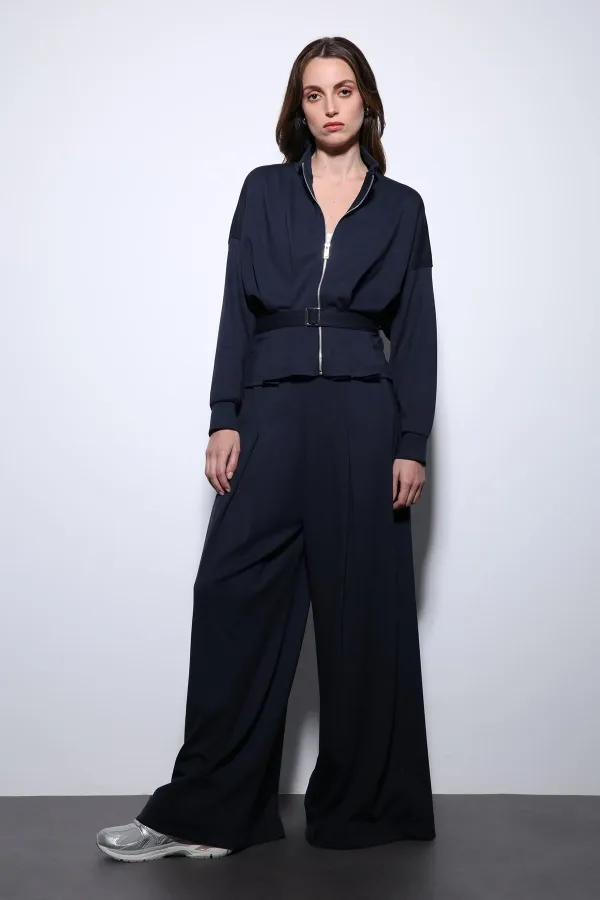 Antioch Lacivert Bel Kemerli Geniş Paça Pantolonlu Takım