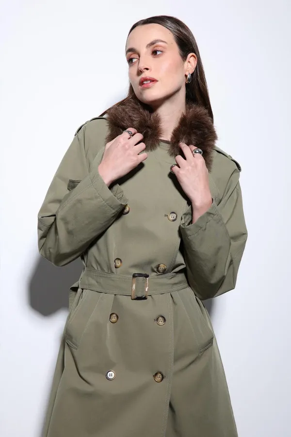 Antioch Haki Suni Kürklü Yaka Kadın Trençkot
