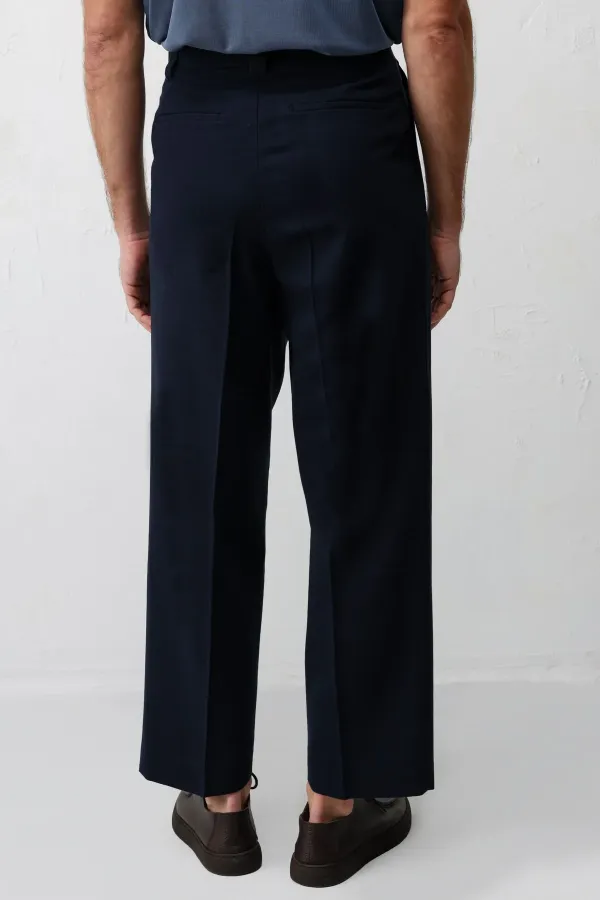 Antioch Navy Blue High-Waisted Pleated Relax Fit Men's Trousers