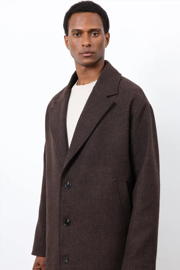 Antioch Kahve Relax Fit Balıksırtı Desenli Erkek Kaban