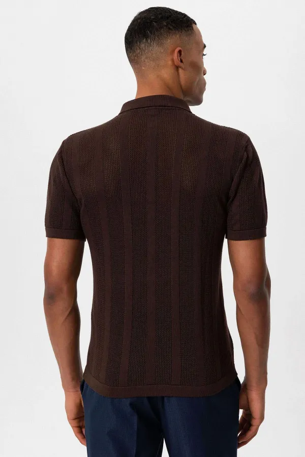 Antioch Kahve Polo Yaka Fermuarlı Örme Erkek T-Shirt