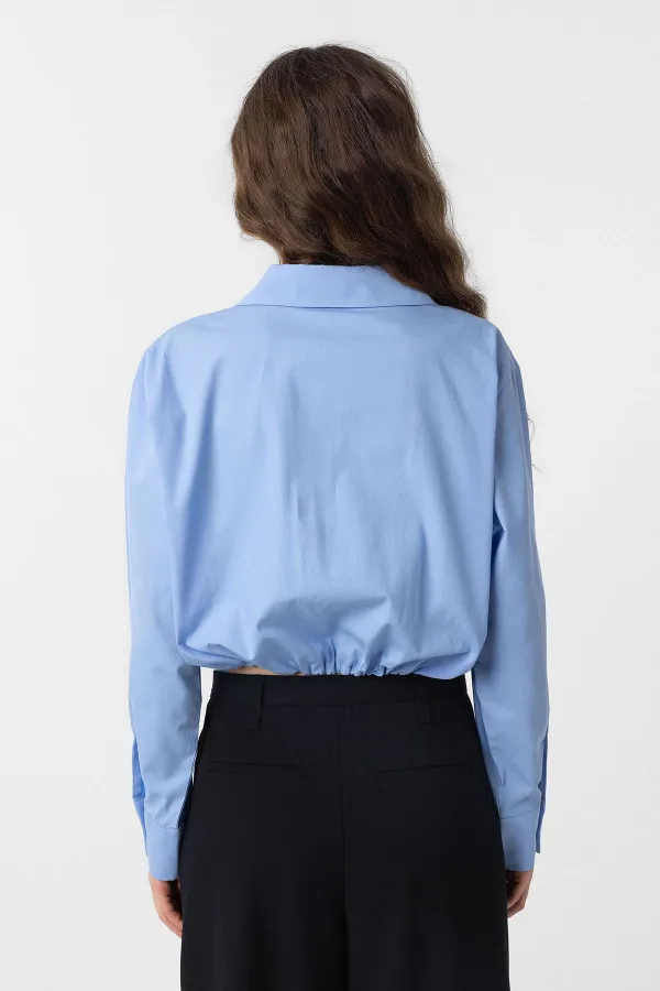 Antioch Bebe Mavi Crop Poplin Kadın Gömlek