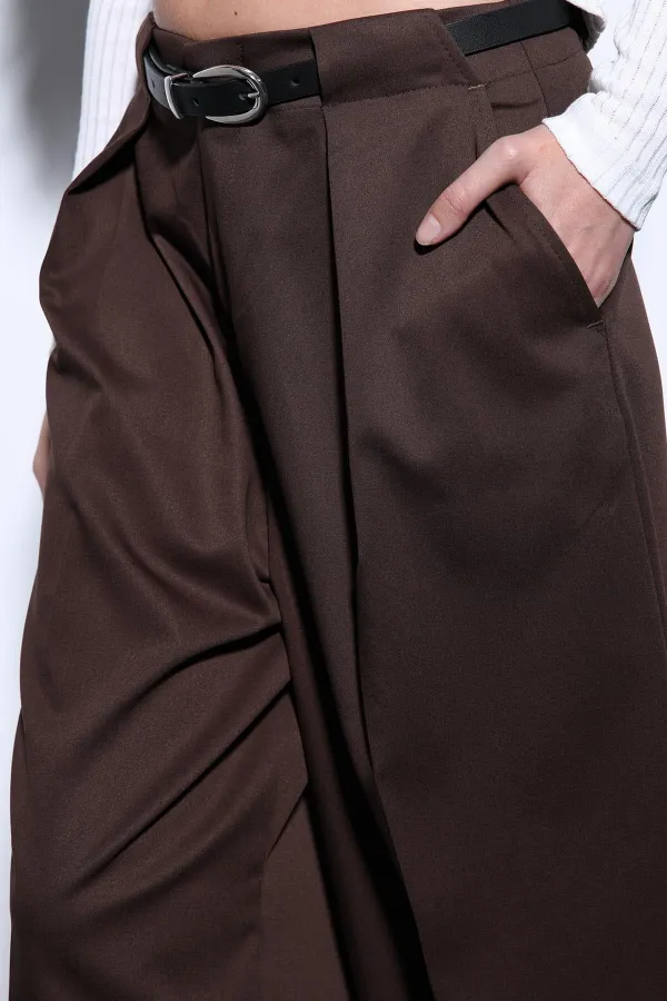 Antioch Kahve Pileli Geniş Kadın Pantolon