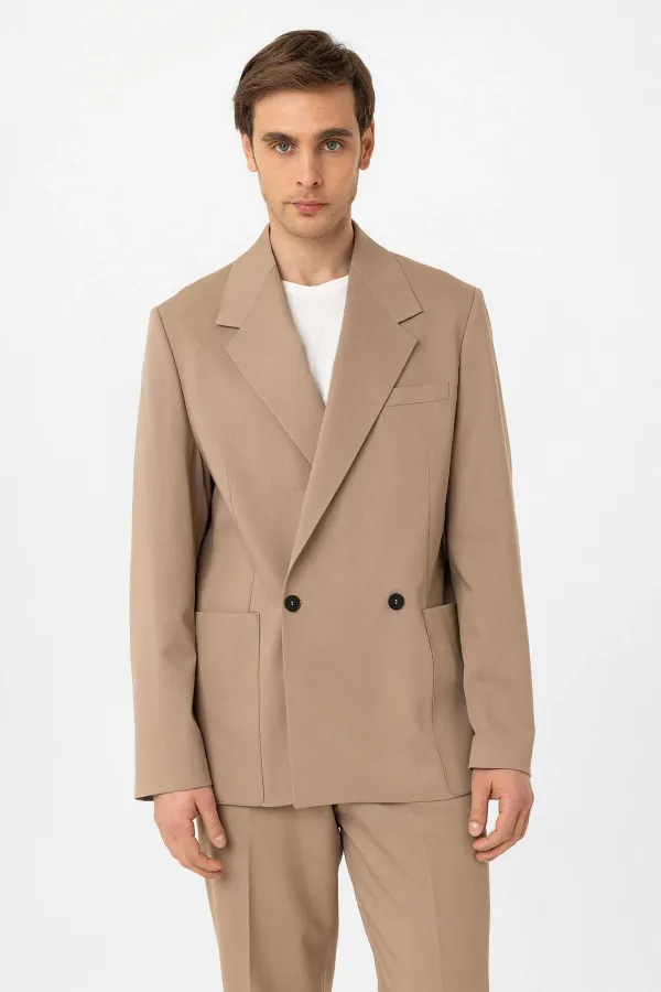 Antioch Beige Relax Fit Double-Breasted Men's Technical Blazer Jacket
