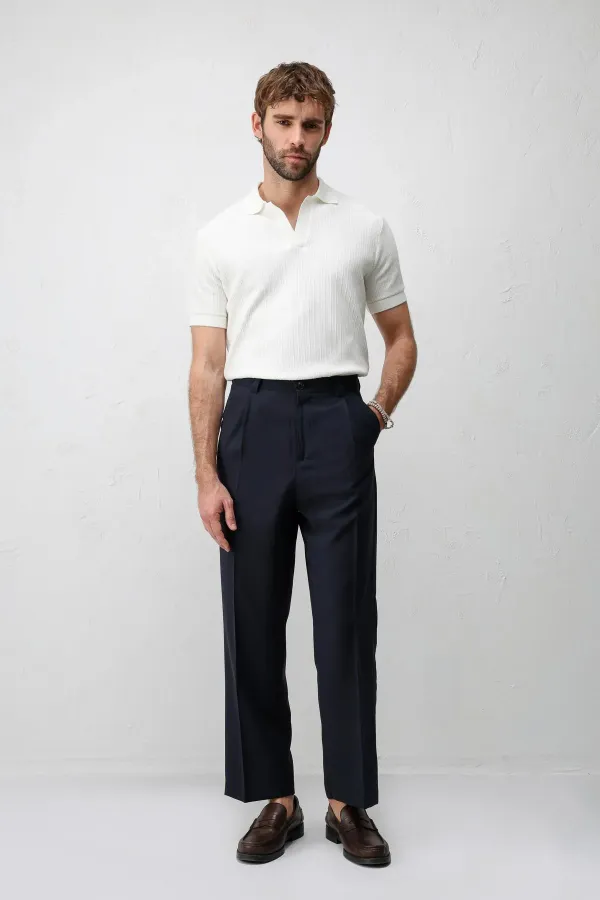 Antioch Lacivert Pileli Relaxed Fit Erkek Pantolon