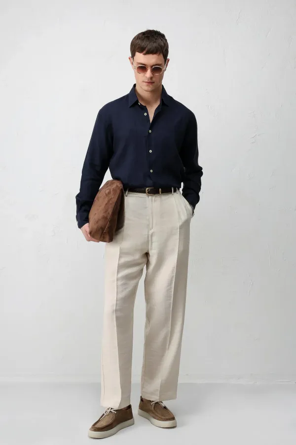 Antioch Lacivert 100% Keten Relax Fit Erkek Gömlek