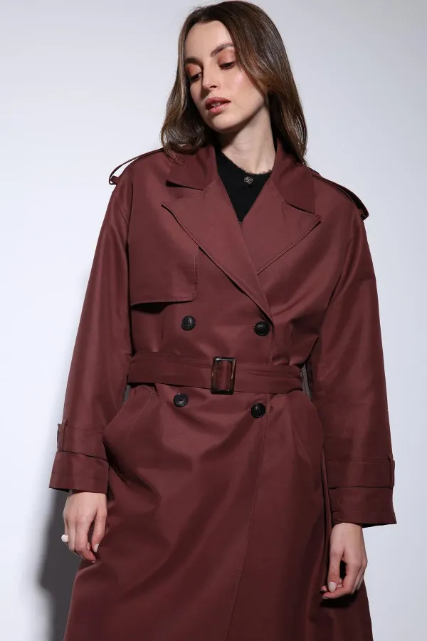 Trench-coat Antioch bordeaux à double boutonnage et ceinture pour femme