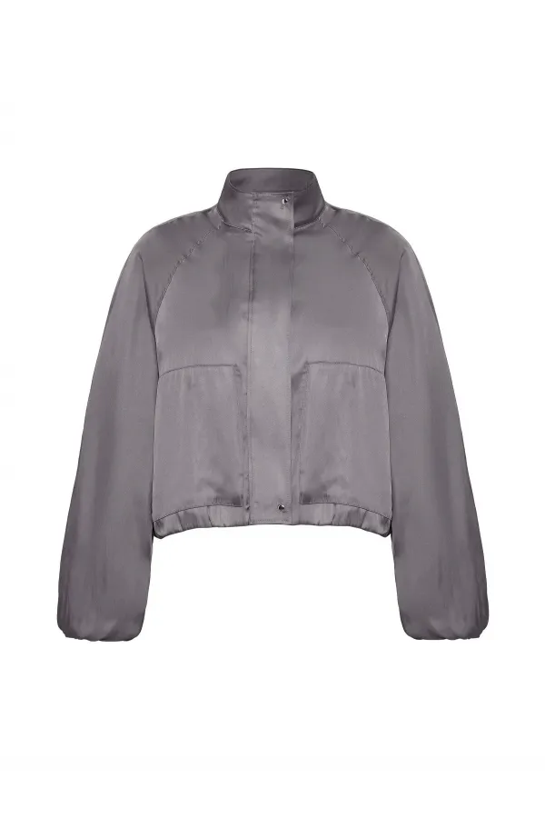 Antioch Gri Dik Yaka İnce Kadın Bomber Ceket