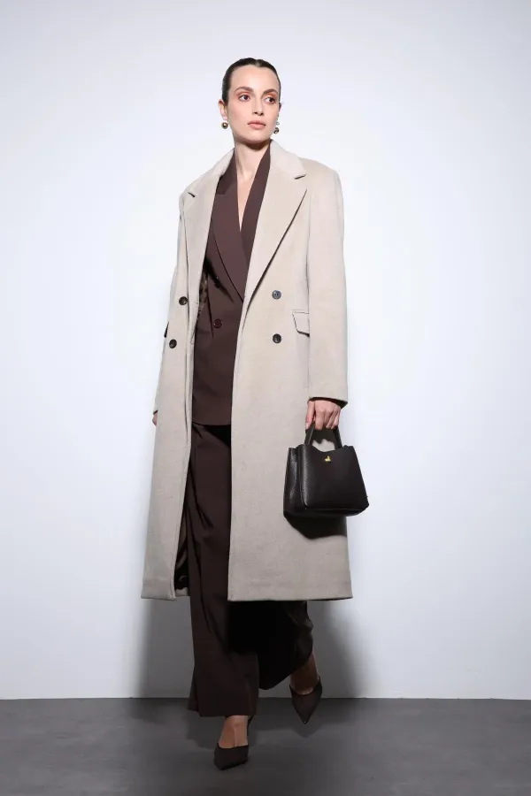 Antioch Bej Yün Karışımlı Kruvaze Kadın Kaban