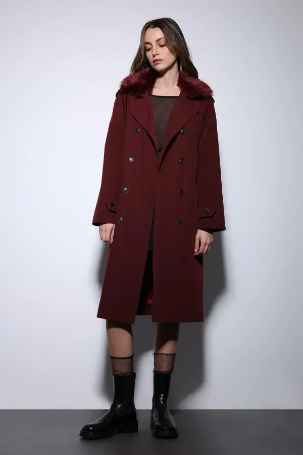 Antioch Burgundy Faux Fur Collar Women's Trench Coat
