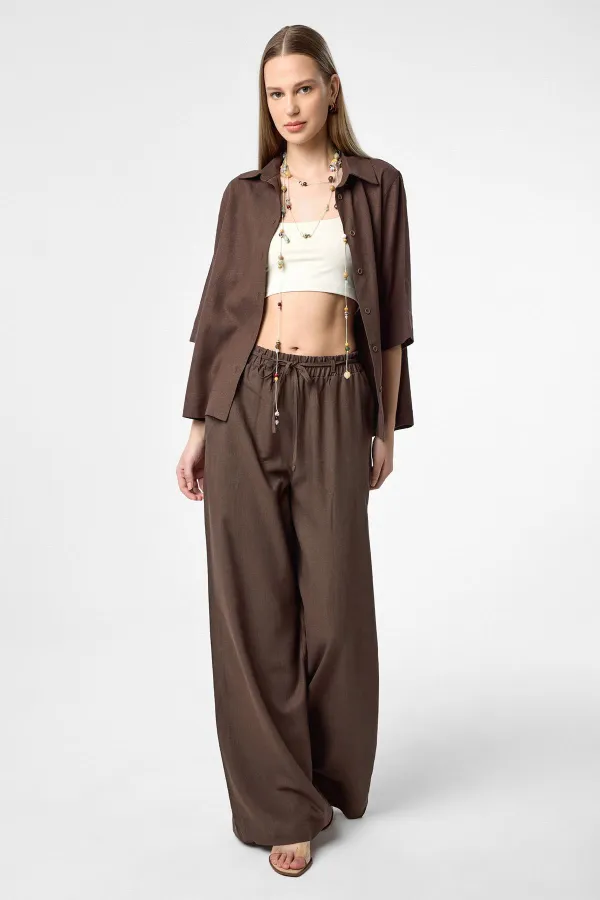 Antioch Kahve Keten Karışımlı Kadın Gömlek