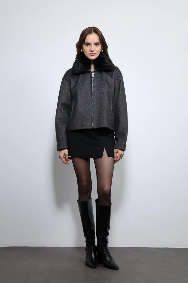Antioch Anthracite Wool Blend Faux Fur Collar Jacket