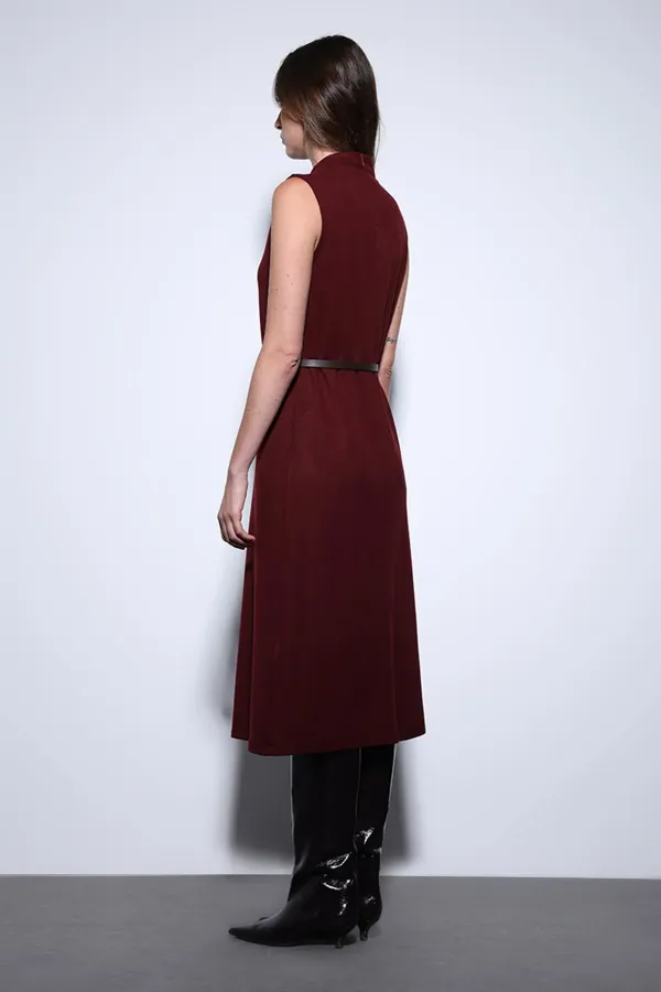 Antioch Burgundy Women's Midi Dress with Belt Detail