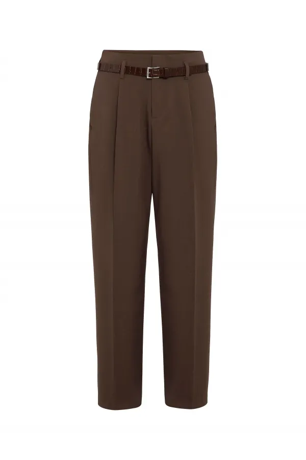 Antioch Kahve Yüksek Bel Pilili Kadın Pantolon