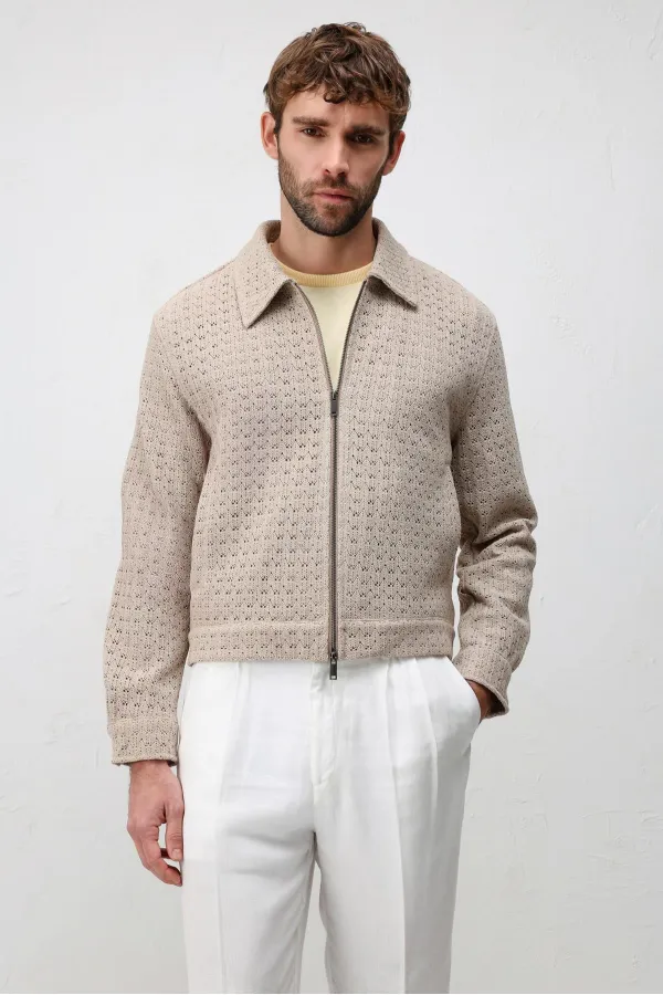 Antioch Beige Textured Zip-Up Men's Jacket