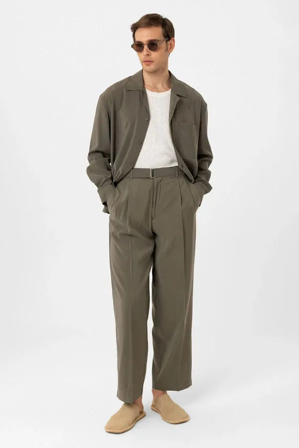 Antioch Khaki Modal Fabric Relax Fit Belted Men's Trousers