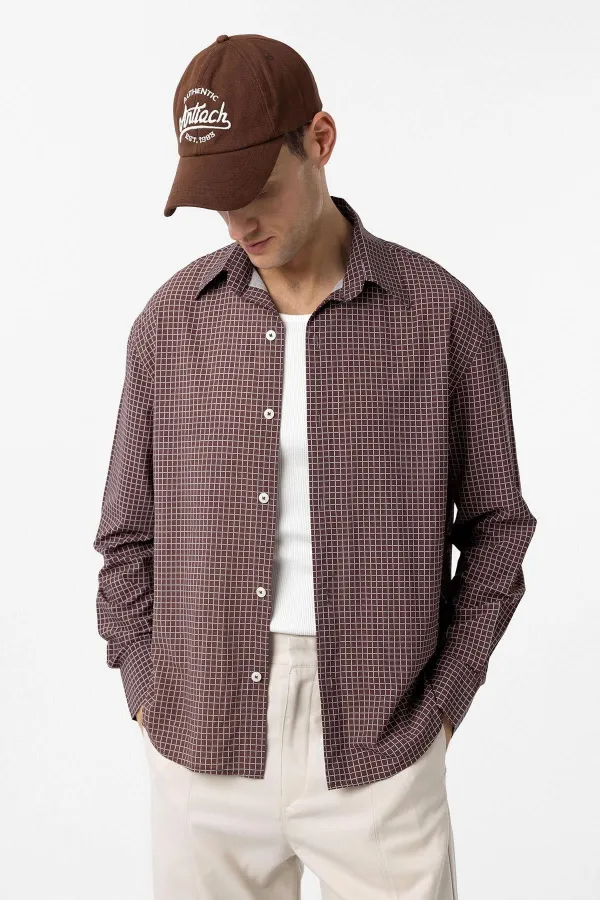 Chemise à carreaux Antioch Coffee pour homme, coupe décontractée