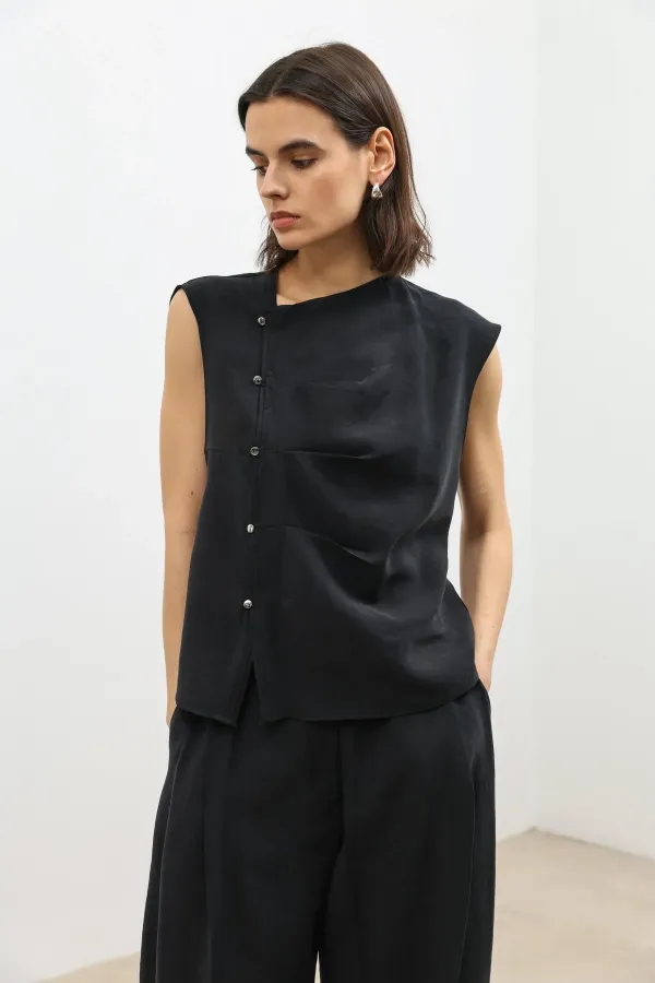 Antioch Siyah Lyocell Karışımlı Düğmeli Kadın Top