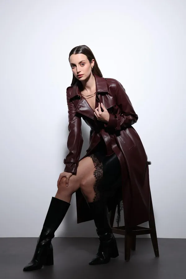 Trench-coat ceinturé en similicuir bordeaux pour femme, style Antioch