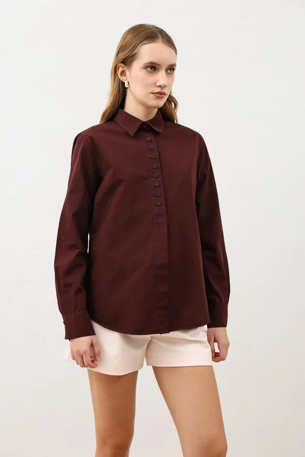 Antioch Bordo Düğme Detaylı Poplin Gömlek