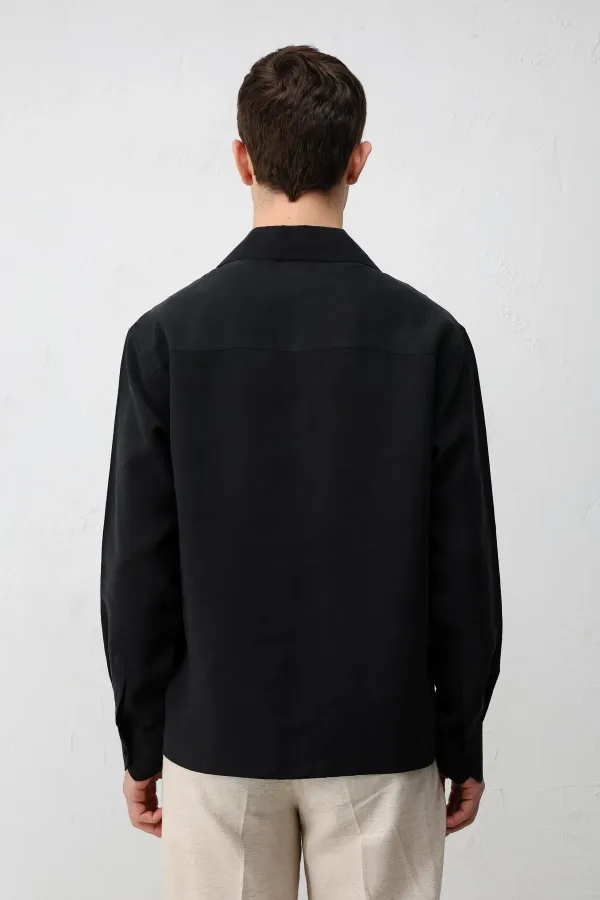 Antioch Siyah Lyocell Karışımlı Geniş Yaka Erkek Gömlek