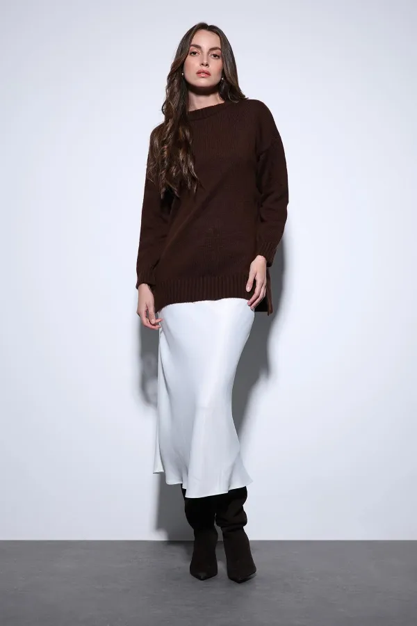 Antioch Kahve Yırtmaç Detaylı Kadın Kazak