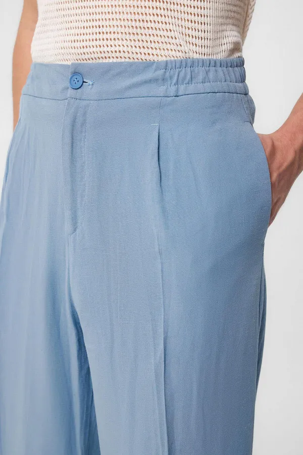 Antioch Light Blue High-Waisted Pleated Linen Blend Men's Trousers