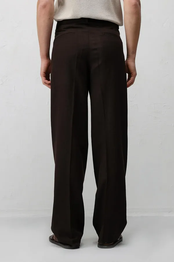 Antioch Koyu Kahve Keten Karışımlı Erkek Baggy Pantolon