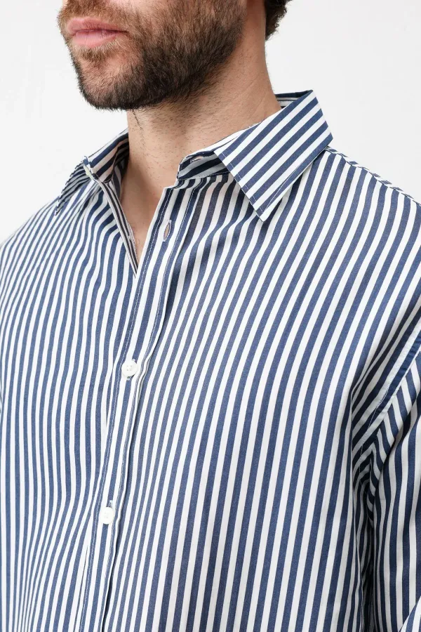 Chemise rayée Antioch bleu marine en mélange lyocell, coupe décontractée, pour homme