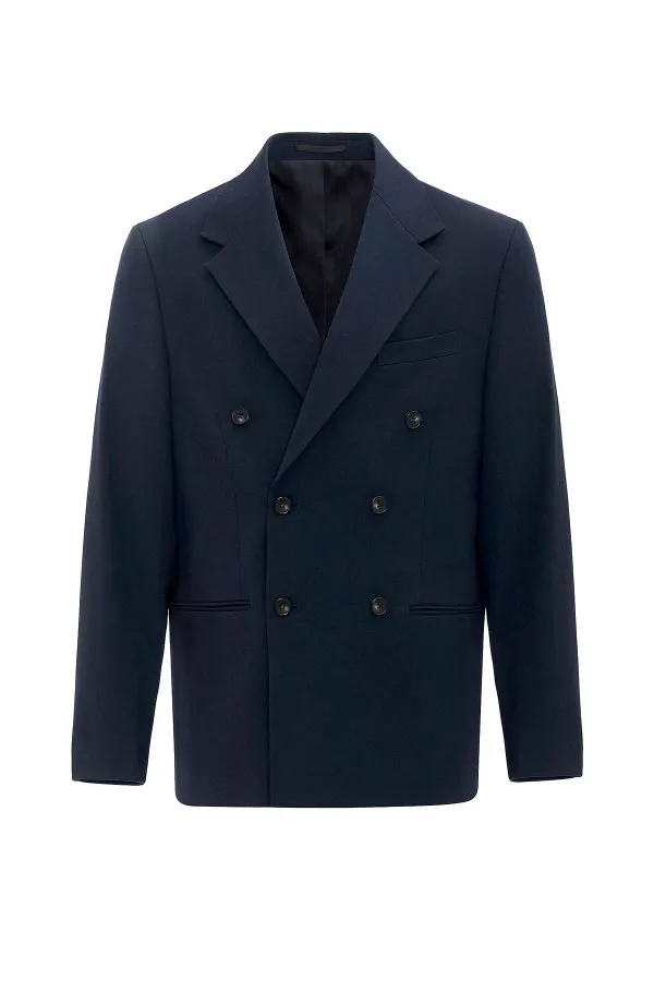 Antioch Lacivert Relax Fit Kruvaze Erkek Blazer Ceket