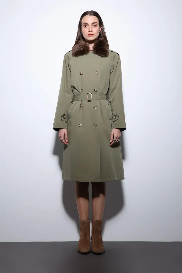 Antioch Haki Suni Kürklü Yaka Kadın Trençkot