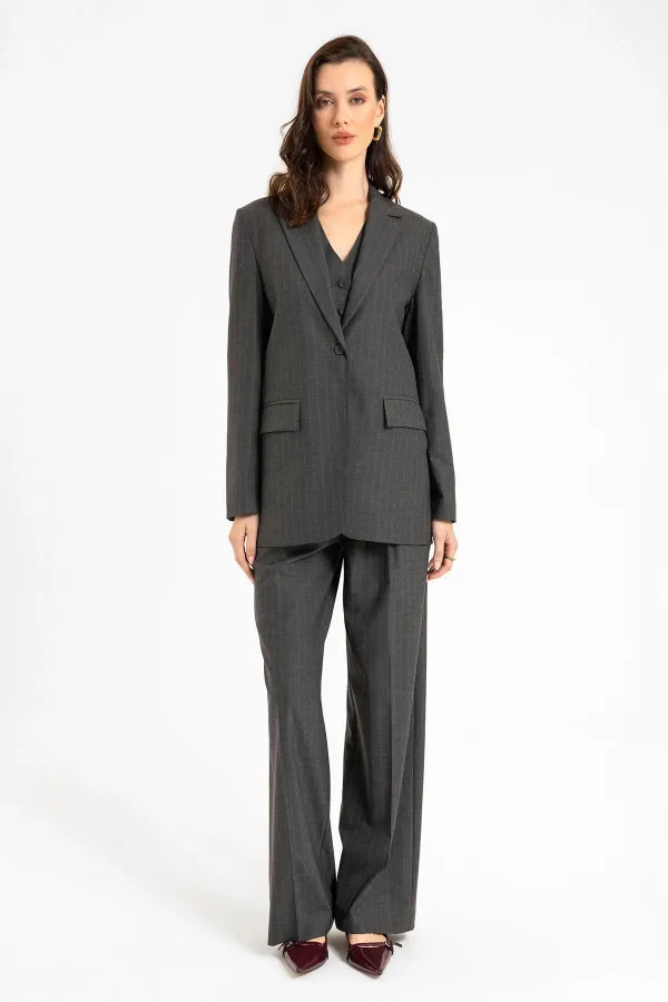 Antioch Anthracite Women's Single Button Striped Blazer Jacket
