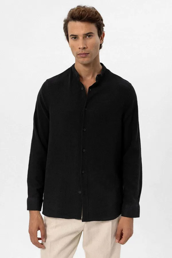 Antioch Black Mandarin Collar Woven Men's Shirt