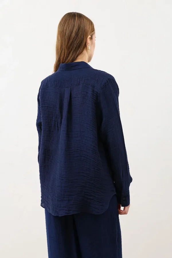 Antioch Lacivert Dökümlü Müslin Kadın Gömlek